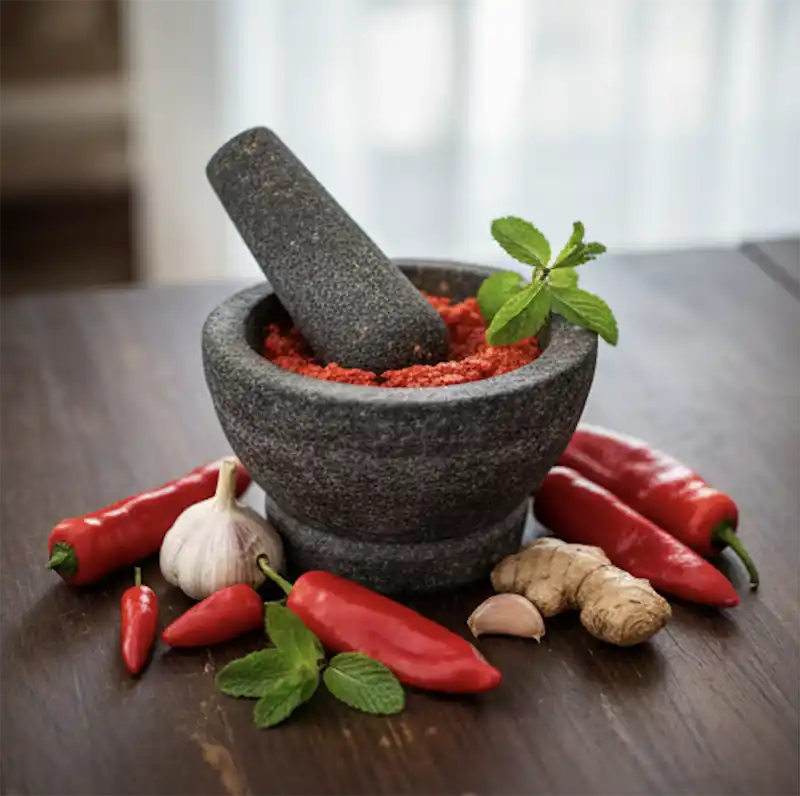 Préparation artisanale de la sauce piquante au mortier pilon